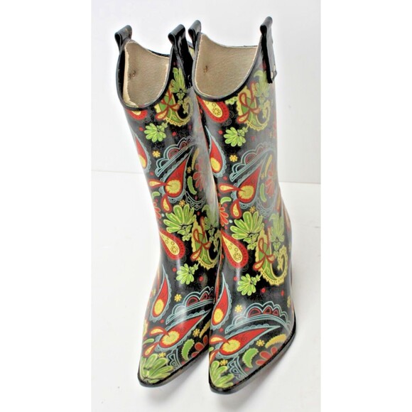 Nomad Boots Womens size 7 Black/Pink/Green Flower Rodeo Western Cowboy Rain - Picture 3 of 8
